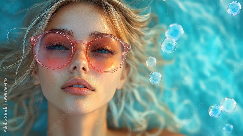 A beautiful blonde woman wearing pink sunglasses, blowing bubbles in the sky, fashion photography, detailed, vibrant colors, high resolution, hyper-realistic, super-detailed, blue background A beautiful blonde woman wearing pink sunglasses, blowing bubbles in the sky, fashion photography, detailed, vibrant colors, high resolution, hyper-realistic, super-detailed, blue background