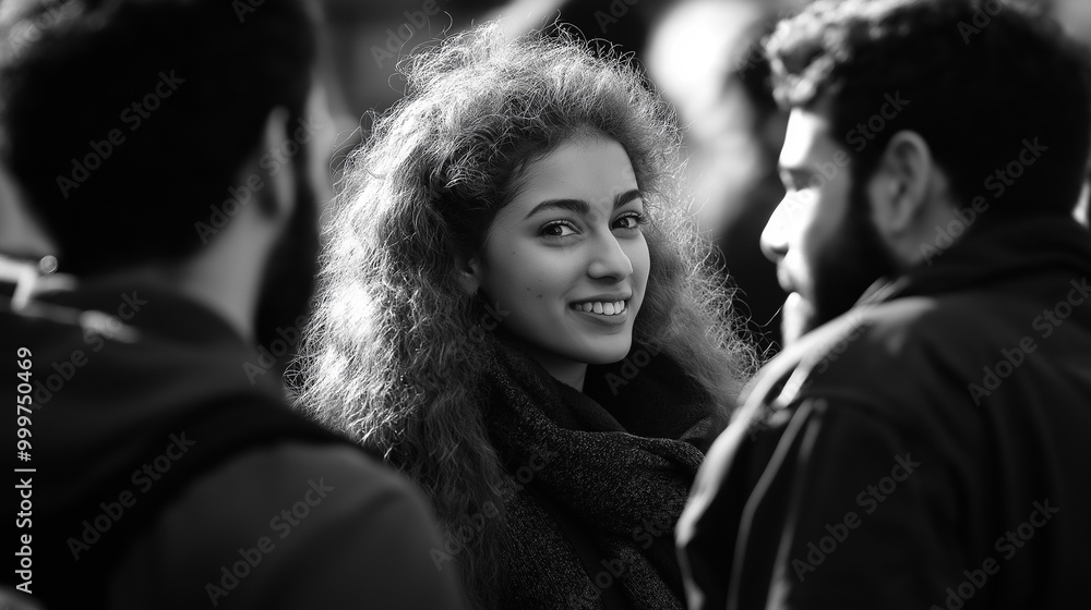 Smiling woman enjoying a social event with friends, black and white portrait capturing a moment of joy, connection, and shared experience in a lively crowd Smiling woman enjoying a social event with friends, black and white portrait capturing a moment of joy, connection, and shared experience in a lively crowd