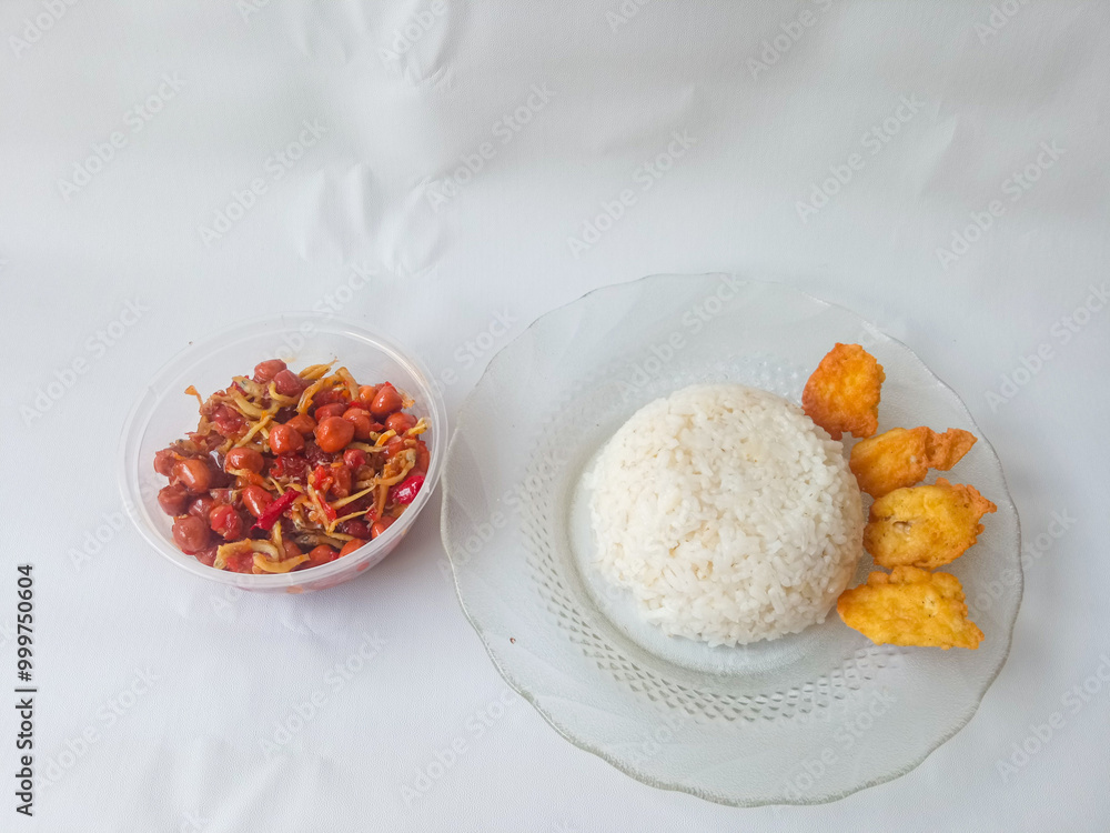 Fried tofu side dish rice isolate on white. balado anchovies and peanuts Fried tofu side dish rice isolate on white. balado anchovies and peanuts