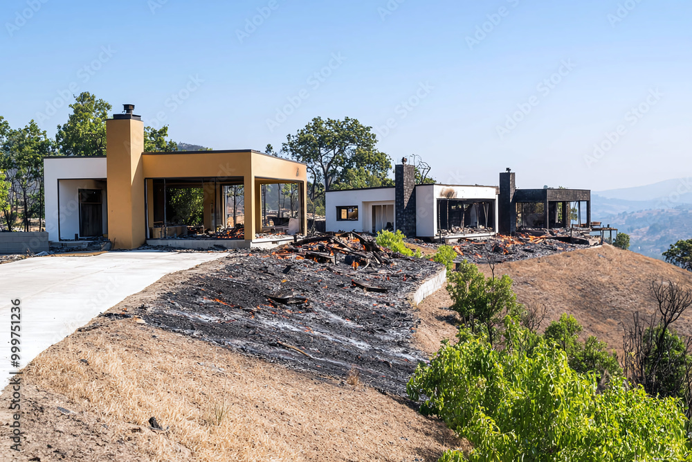 charred homes on a hilltop due to wildfires, capturing the destruction and impact on the landscape