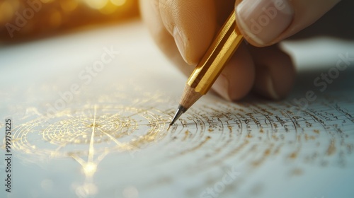 Astrologer sketching detailed natal chart, focused close-up, minimalist environment, emphasizing the artistry of astrological interpretation and personal insight