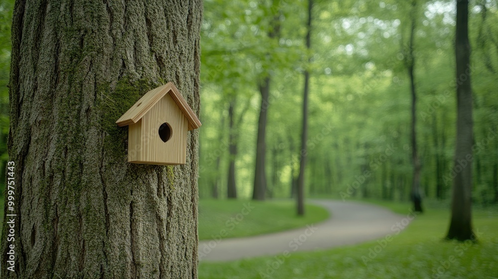 A wooden birdhouse rests on the sturdy trunk of an old oak tree, adorned with green moss, basking in the warm sunlight of spring in a serene park atmosphere A wooden birdhouse rests on the sturdy trunk of an old oak tree, adorned with green moss, basking in the warm sunlight of spring in a serene park atmosphere