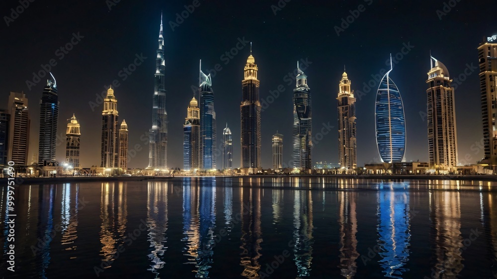 Fototapeta premium A nighttime view of Dubai’s skyscrapers illuminated by bright lights, with the city's 