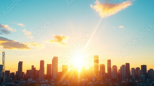 A panoramic view of a city skyline bathed in the warm, golden glow of a setting sun.