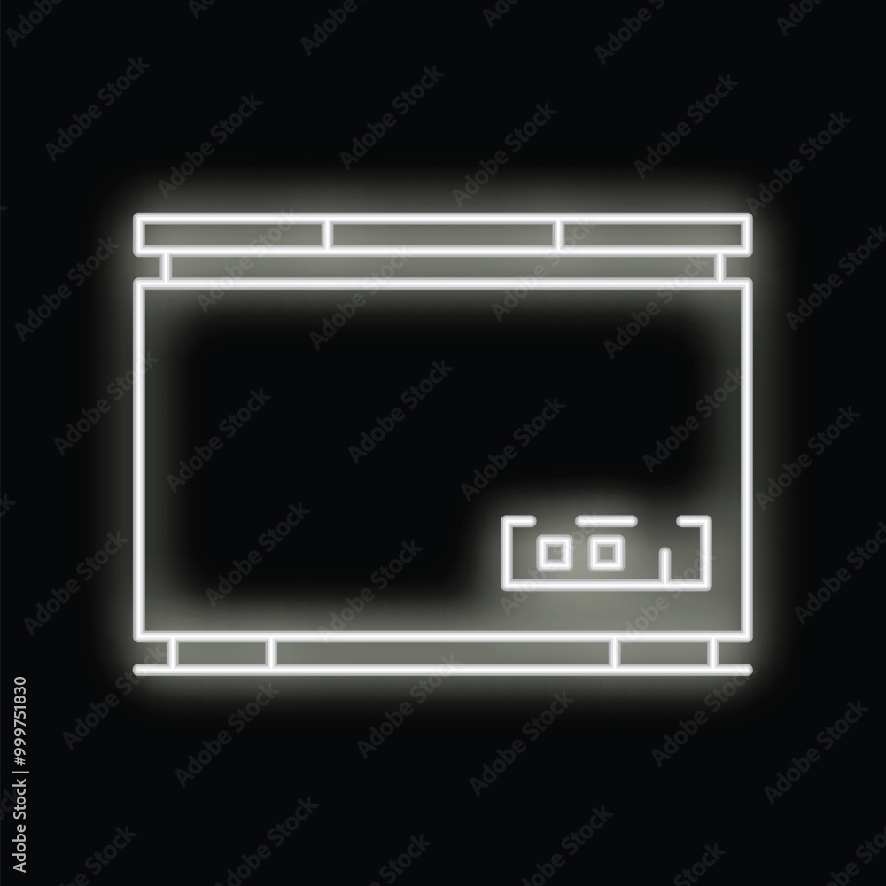 White neon sign showing a projector screen with a control panel on a black background White neon sign showing a projector screen with a control panel on a black background