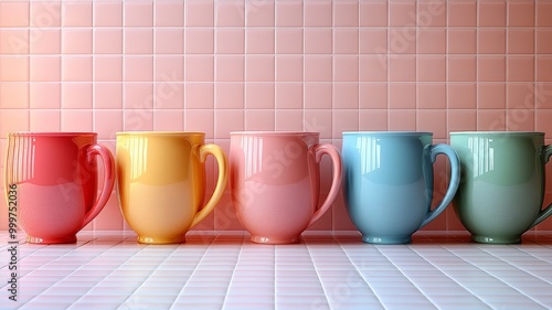 Colorful coffee mugs in a row on a tiled surface photo