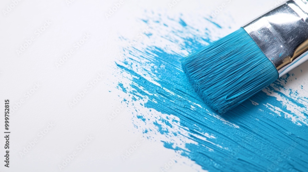 Fototapeta premium Blauer Farbtopf mit Pinsel auf weißem Hintergrund, ideal für Renovierungsprojekte, bietet vielseitige Anwendungsmöglichkeiten und inspirierende Gestaltungsideen.