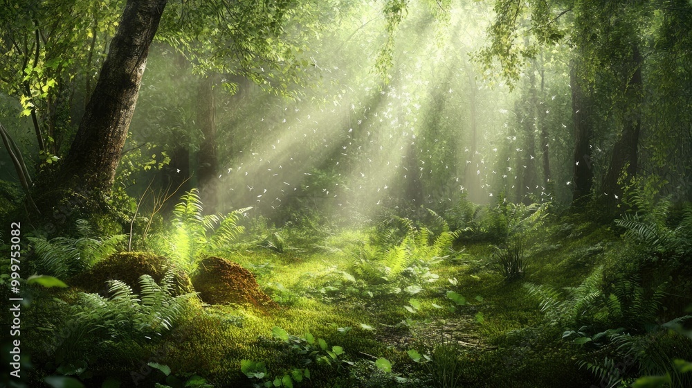 Fototapeta premium A serene forest scene illuminated by sunlight, showcasing lush greenery and tranquil ambiance.