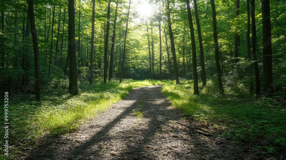 Fototapeta premium A serene forest pathway illuminated by sunlight, inviting exploration and tranquility.