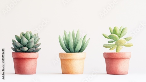 Vibrant Cacti in Pots, a watercolor artwork featuring a collection of succulents on a white background, ideal for stickers and greeting card designs.