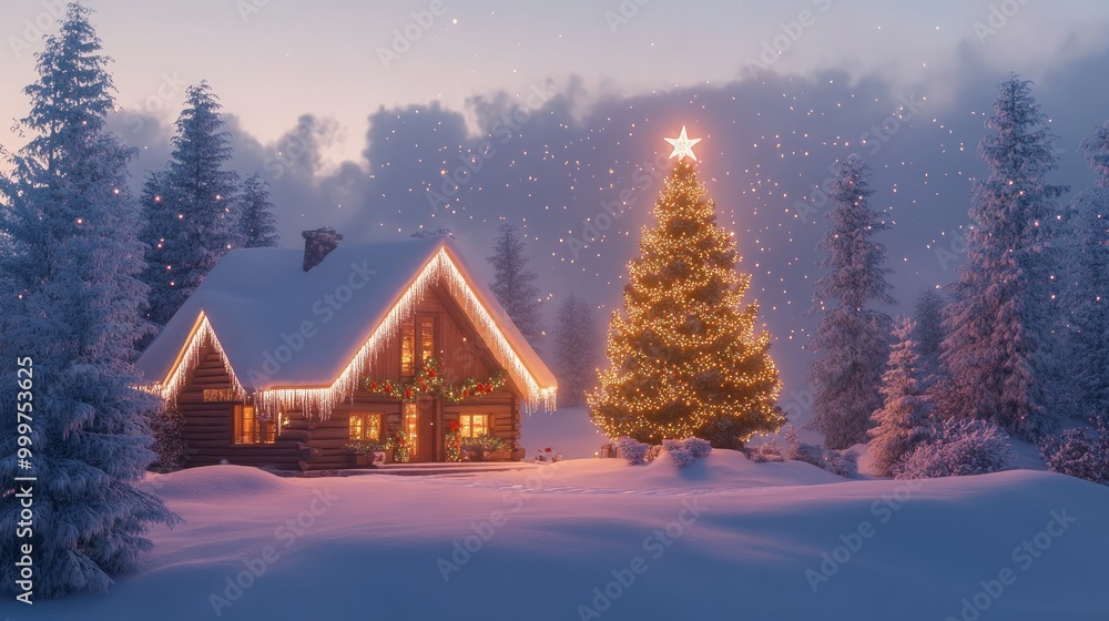 Naklejka premium A cozy winter scene featuring a cabin decorated for Christmas with a glowing tree and snow.