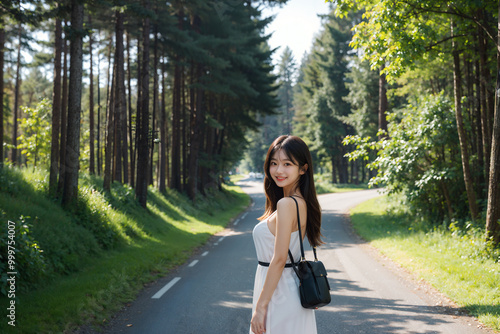 A woman in a white dress is standing on a road with a black bag