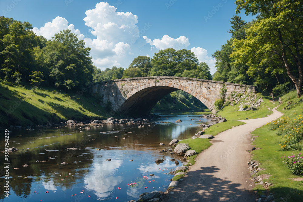 a river with a bridge and trees a river with a bridge and trees