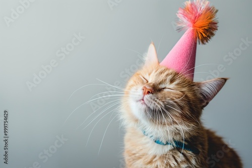 Cute ginger cat with birthday hat on gray background. Copy space.