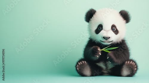A cuddly panda cub with big round eyes, holding a small bamboo stick, sitting on a mint-colored background