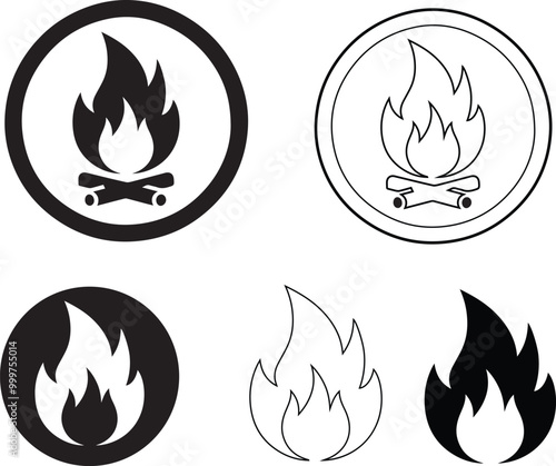 Fire icon set. Fire flame vector icon set with black and white color. Flammable sign. Fire flame symbol. Flames icon sign vector illustration. Bonfire silhouette logotype.