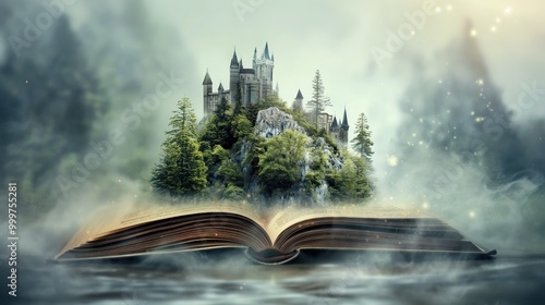 Open book with fairy tale castle on top. Fantasy and education concept
