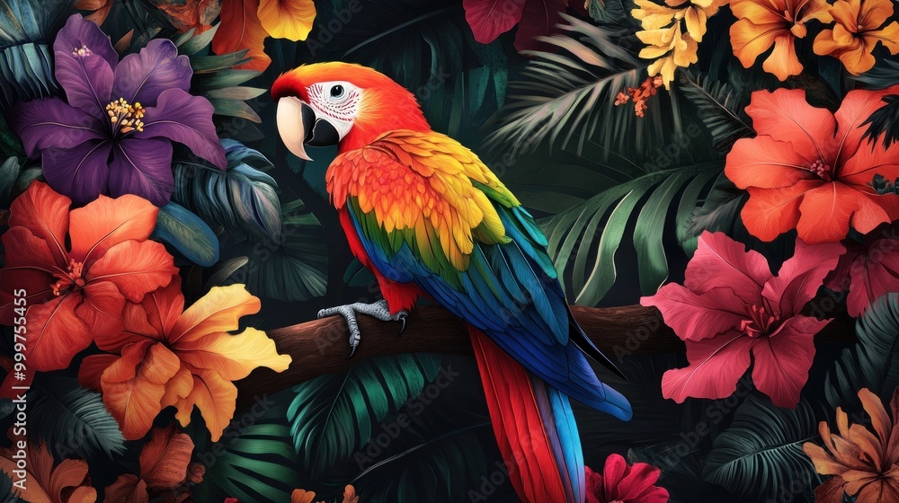 Obraz premium A vibrant scarlet macaw perched among colorful tropical flowers in a lush jungle setting. Generative AI