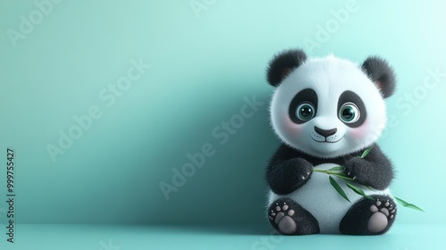 A cuddly panda cub with big round eyes, holding a small bamboo stick, sitting on a mint-colored background