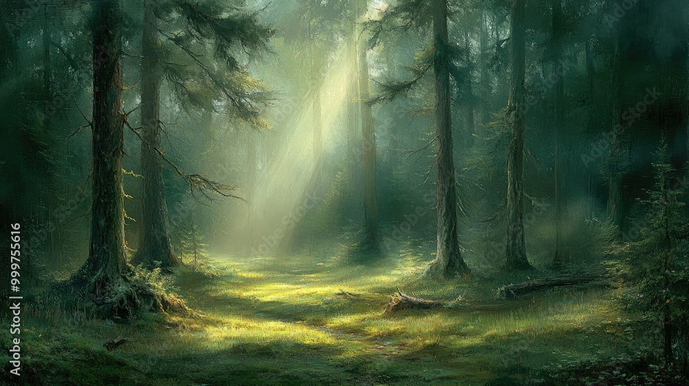Obraz premium A serene forest scene with sunlight filtering through tall trees, creating a tranquil atmosphere.