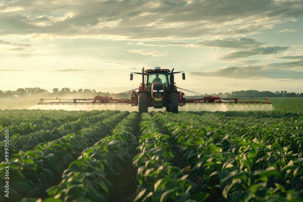 Farmer uses tractor to spray the field with fertilizer or pesticide, efficient method for crop maintenance Farmer uses tractor to spray the field with fertilizer or pesticide, efficient method for crop maintenance
