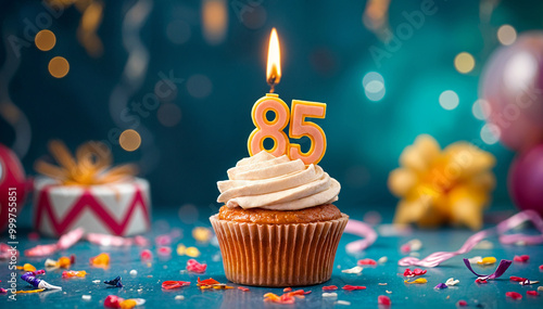 Birthday cupcake with burning lit candle with number 85. Number eighty-five for eighty-five years or eighty-fifth anniversary. photo