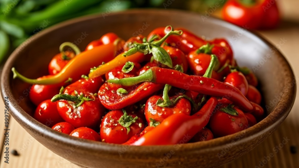 Freshly harvested red bell peppers in a bowl Freshly harvested red bell peppers in a bowl