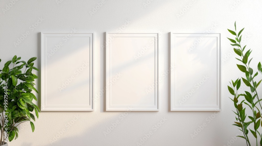 White Frames on White Wall, four vertical frames arranged on a pristine wall, showcasing a clean design, ideal for displaying art or promotional posters in a minimalist setting. White Frames on White Wall, four vertical frames arranged on a pristine wall, showcasing a clean design, ideal for displaying art or promotional posters in a minimalist setting.