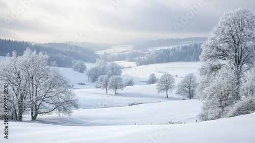 A serene winter landscape with snow-covered hills and frosted trees under a cloudy sky.