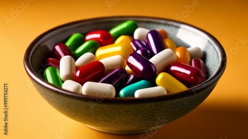  Colorful pill capsules in a bowl