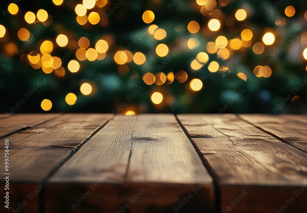 Wooden Table Bokeh Lights.