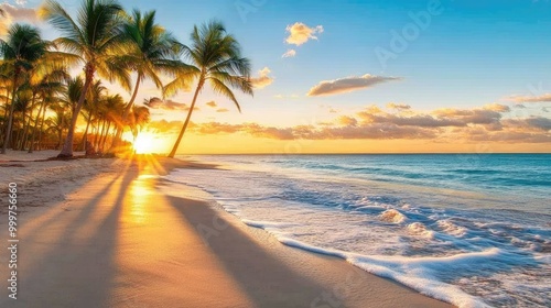 A serene beach at sunset with palm trees and gentle waves lapping the shore.