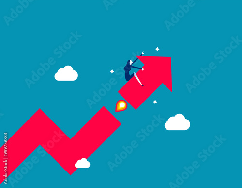 Investment growth boosting profit earning, increase market return or boost growth, growing fast, startup launch project or improvement concept, businessman riding rising up arrow with rocket booster.