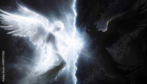 Glowing angel and dark angel battling with electricity, symbolic of good vs evil, dramatic scene