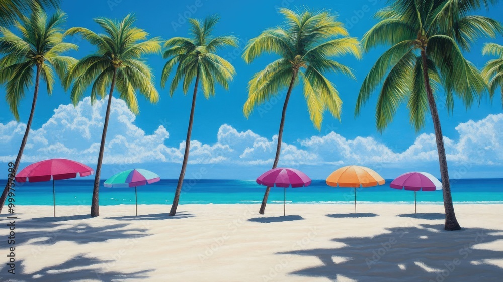 Obraz premium A vibrant beach scene with palm trees and colorful umbrellas on a sunny day.