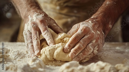 Close-up of hands kneading dough, covered in flour, with a blurred background.