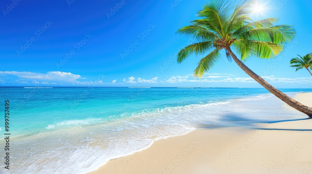 Obraz premium A serene beach scene with clear blue water, golden sand, and swaying palm trees.