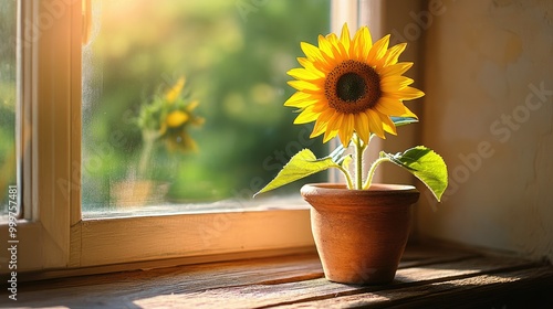 Wallpaper Mural A close-up of a blooming sunflower in a rustic clay pot placed on a wooden windowsill. Soft morning sunlight streams through the window, casting a warm glow on the vibrant yellow petals. Torontodigital.ca