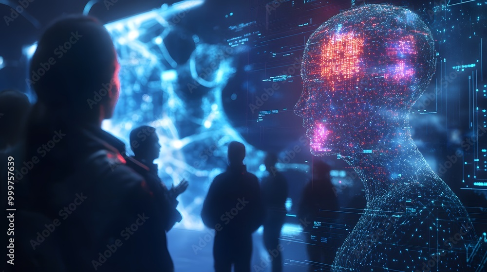 Fototapeta premium AI-Powered Chatbots: A glowing, holographic chatbot interface floating in mid-air, communicating with multiple human-like figures, answering their questions with intricate digital patterns