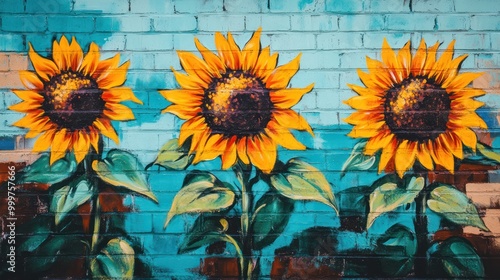 Vibrant sunflowers bloom against a bright blue mural in an urban setting, celebrating nature through art. Generative AI