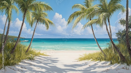 A serene beach scene with palm trees and turquoise waters under a bright sky.