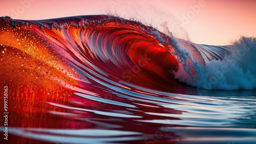 Vibrant, stylized wave crashing at sunset, showcasing dynamic colors and reflections, evokes serenity and power of the ocean