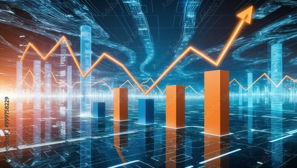 Futuristic digital representation of growth metrics, highlighting upward trends in finance and analytics, showcasing technological advancement Futuristic digital representation of growth metrics, highlighting upward trends in finance and analytics, showcasing technological advancement