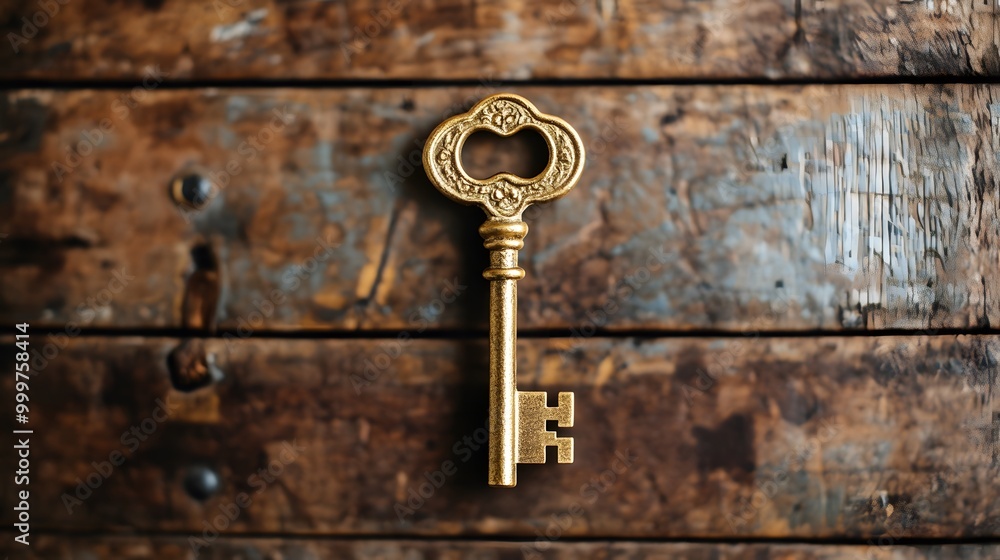 Fototapeta premium A vintage gold key set against a rustic wooden background, exuding charm and mystery.
