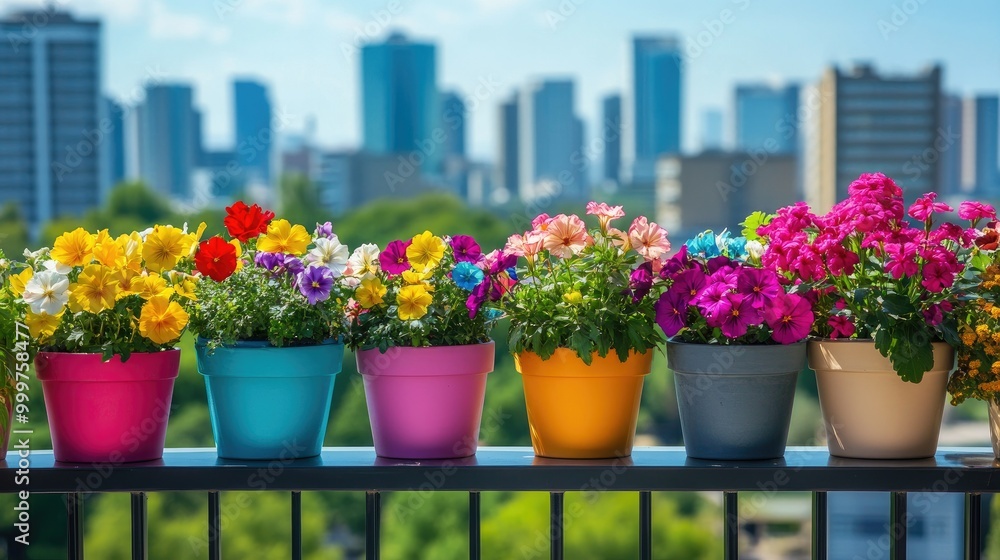 Fototapeta premium A collection of colorful potted flowers on a balcony railing, overlooking a vibrant cityscape. The pots vary in size and design, adding charm and vibrancy to the urban setting.