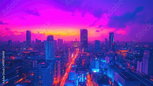 A vibrant city skyline at sunset, showcasing colorful lights and a dynamic urban landscape.