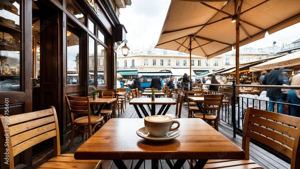 Cozy outdoor cafe scene with wooden tables and chairs, inviting atmosphere, perfect for enjoying coffee and people watching in a bustling city