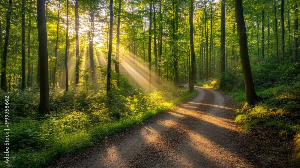 Obraz premium A serene forest path illuminated by sunlight, creating a peaceful and inviting atmosphere.