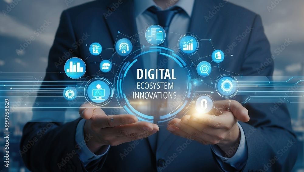 Businessman showcasing digital ecosystem innovations, emphasizing technology's role in growth and strategy within modern enterprises Businessman showcasing digital ecosystem innovations, emphasizing technology's role in growth and strategy within modern enterprises
