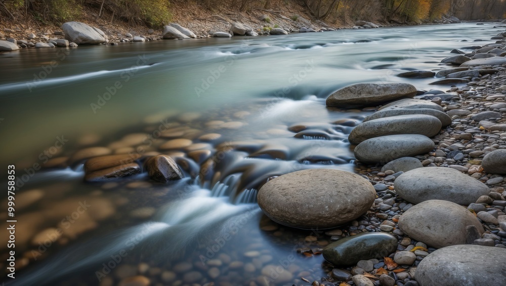Serene river flows over smooth stones, creating peaceful outdoor landscape Perfect for nature themed projects, relaxation, or ecological topics Serene river flows over smooth stones, creating peaceful outdoor landscape Perfect for nature themed projects, relaxation, or ecological topics
